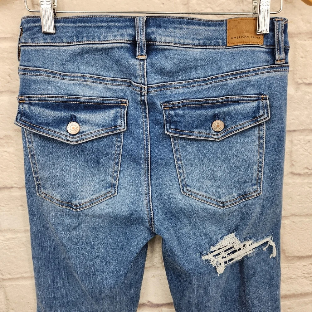 American Eagle Distressed High Rise Jegging Medium Wash Denim Flap Jeans Sz 6R - Picture 7 of 15